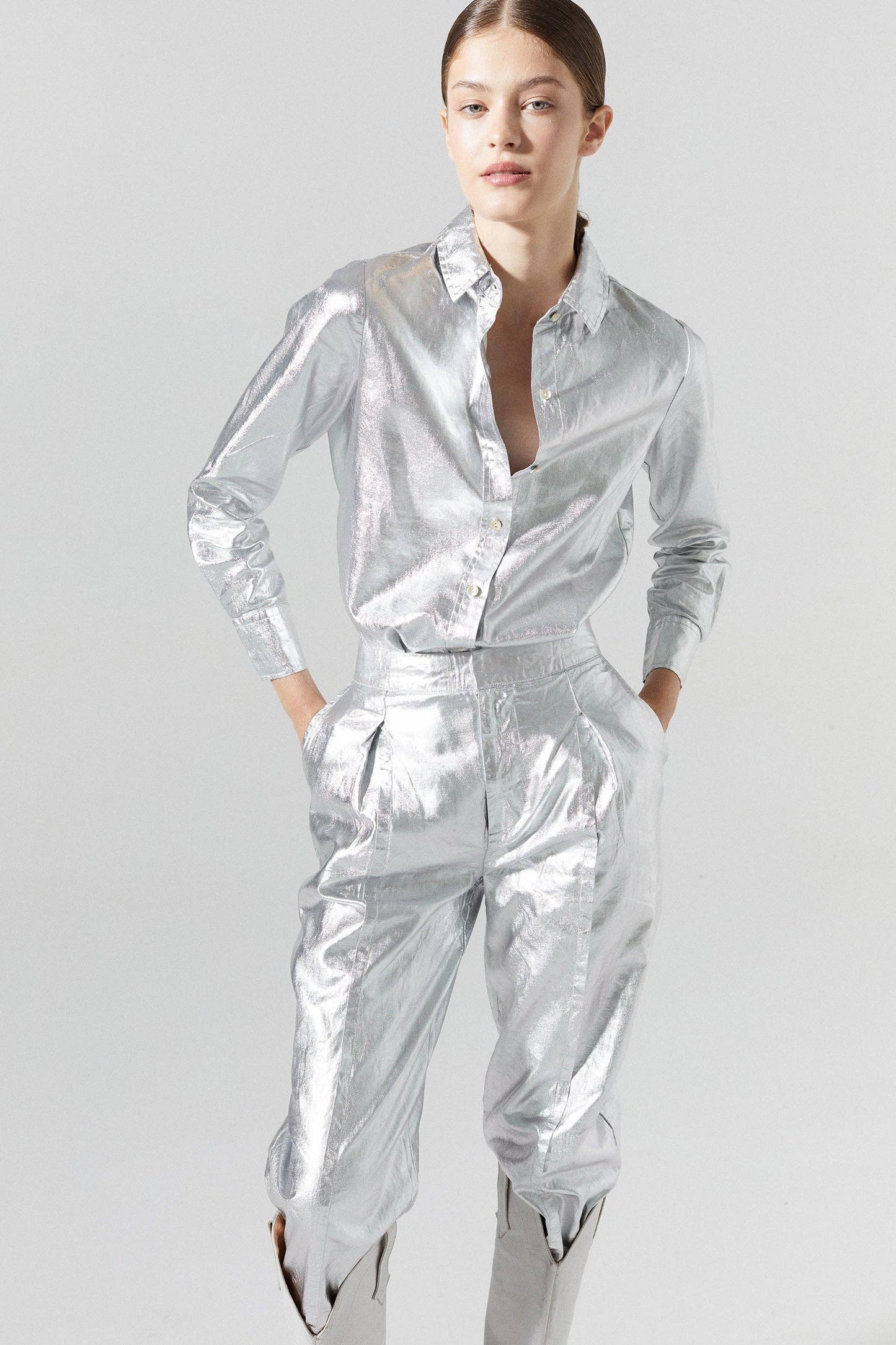 San Marino Metallic Linen Shirt | Silver | M