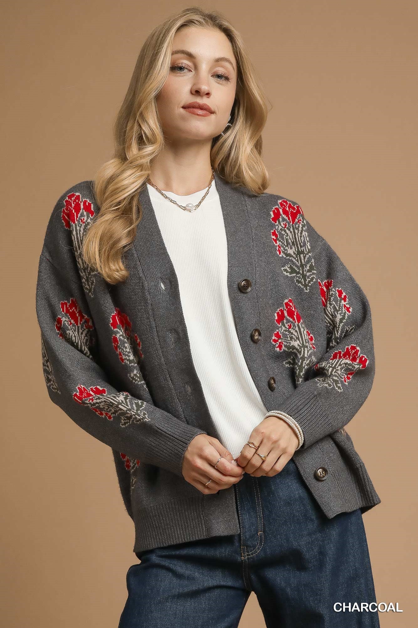 Sweater | Umgee Floral Charcoal Cardigan | M