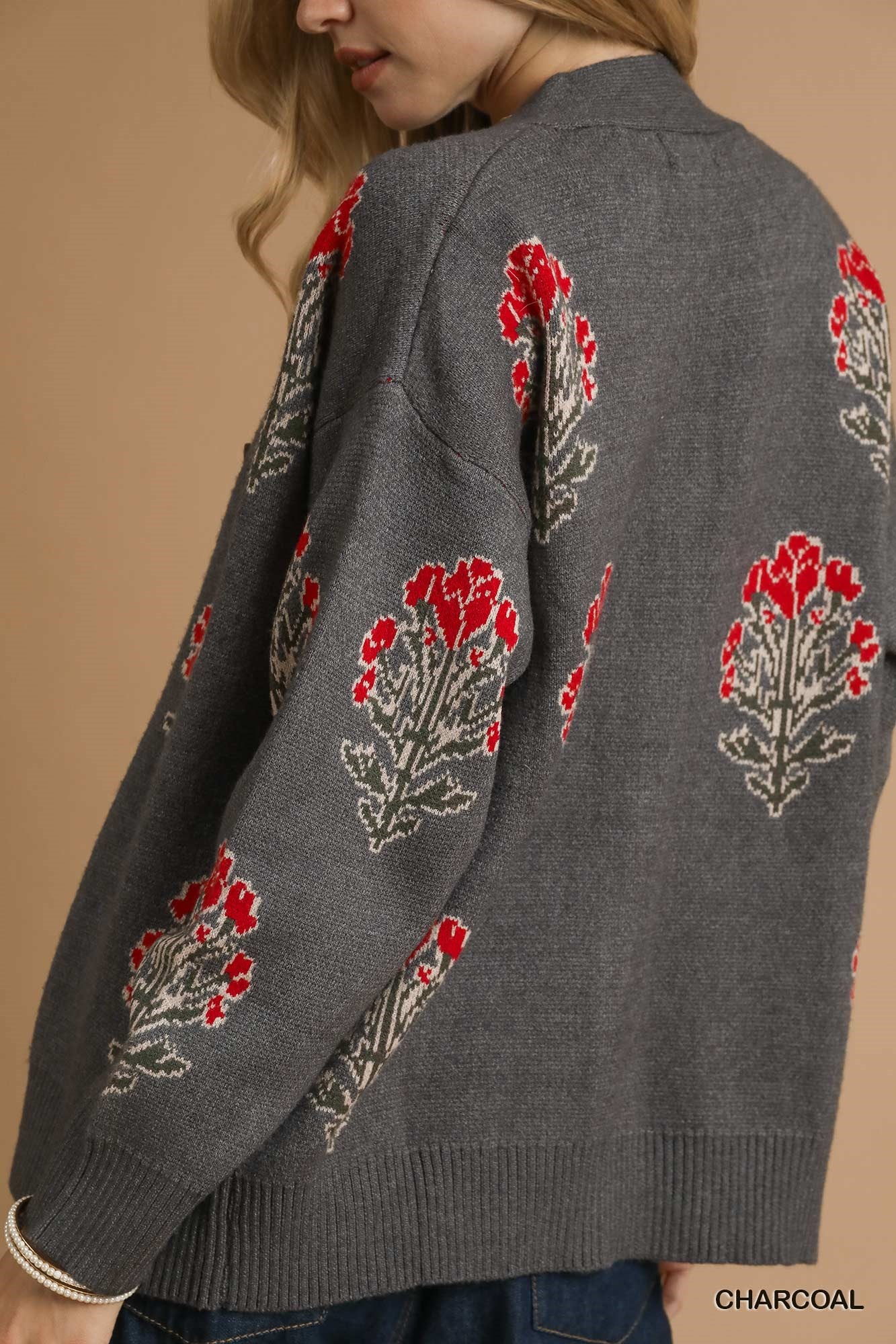 Sweater | Umgee Floral Charcoal Cardigan | M
