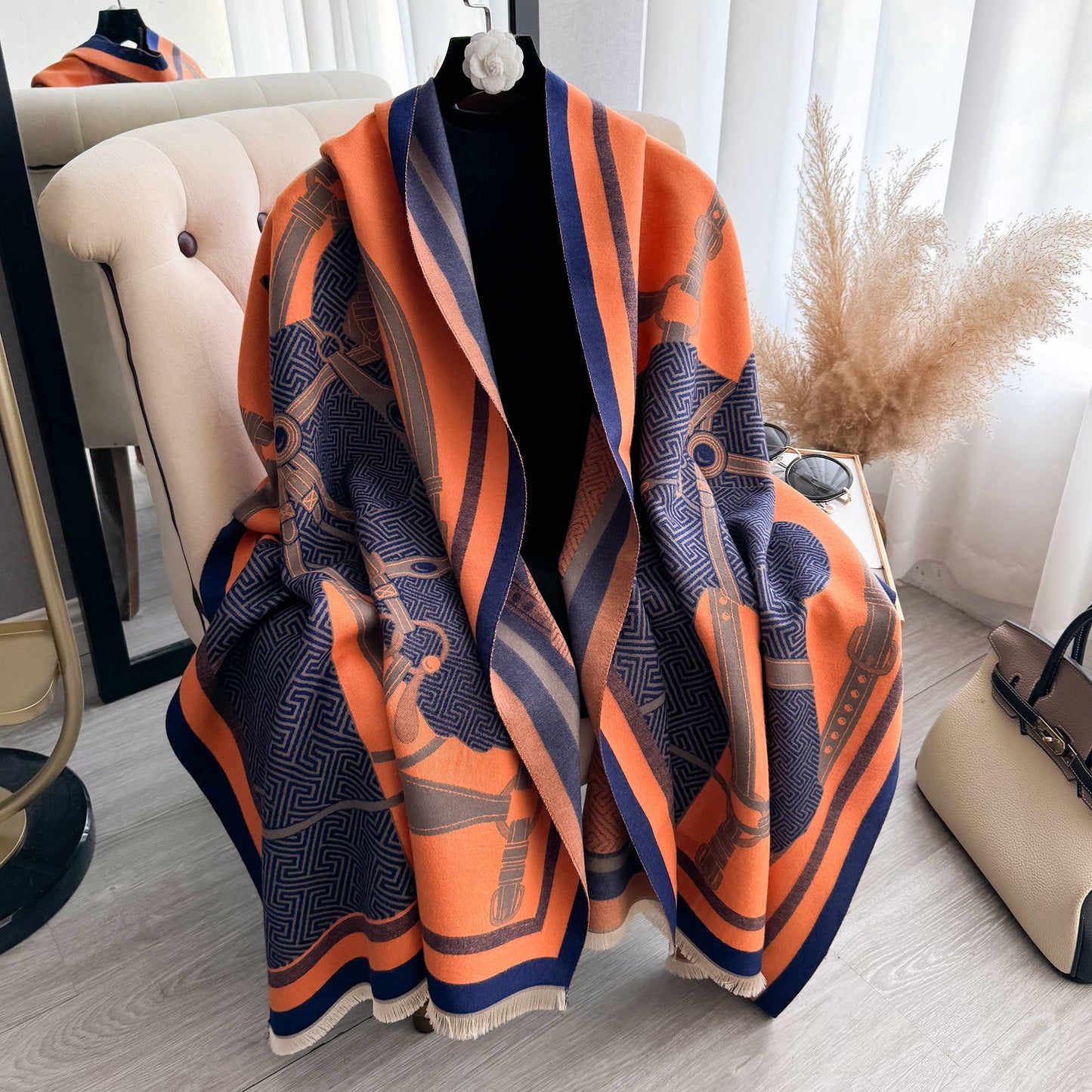 Equestrian Wrap Scarf | Orange + Blue