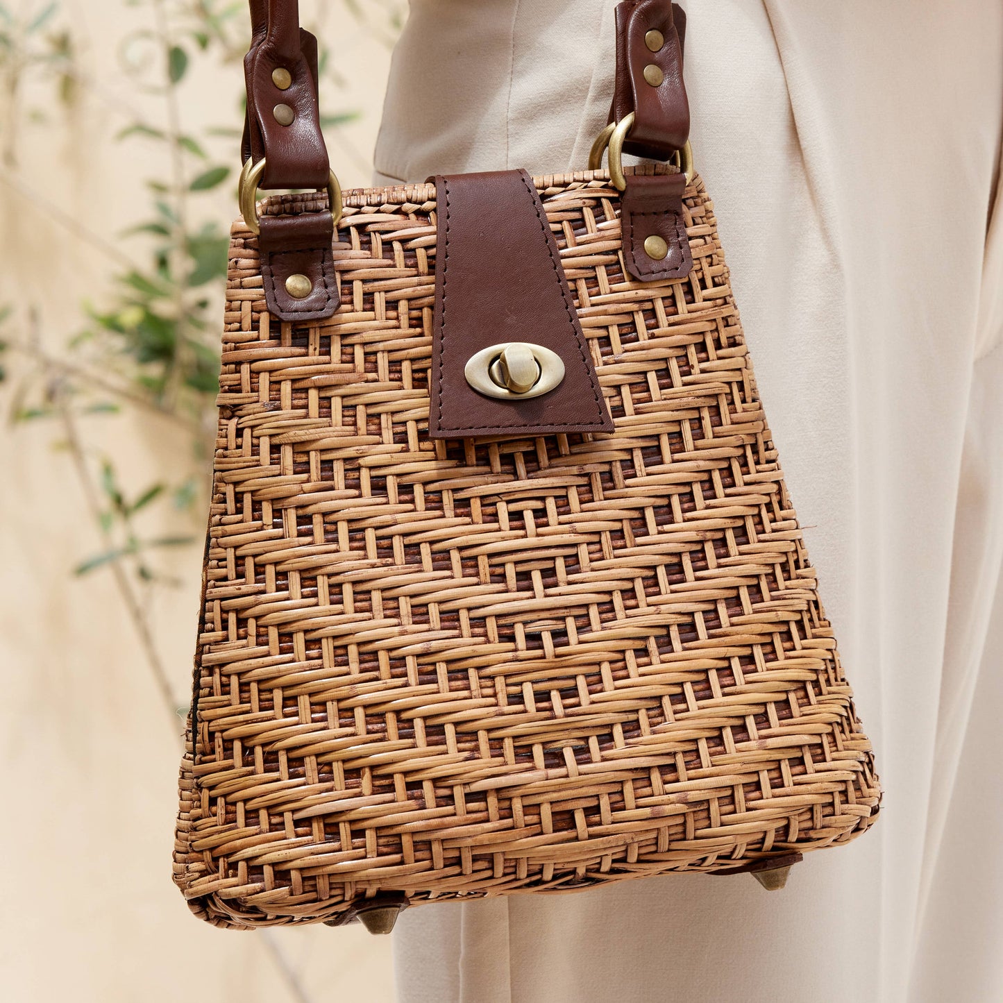 Rattan Handbag + Leather Strap