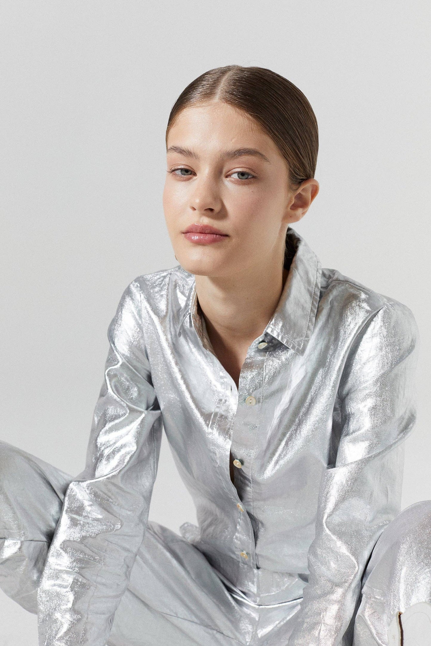 San Marino Metallic Linen Shirt | Silver | M