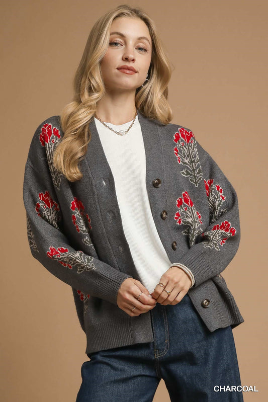 Sweater | Umgee Floral Charcoal Cardigan | M