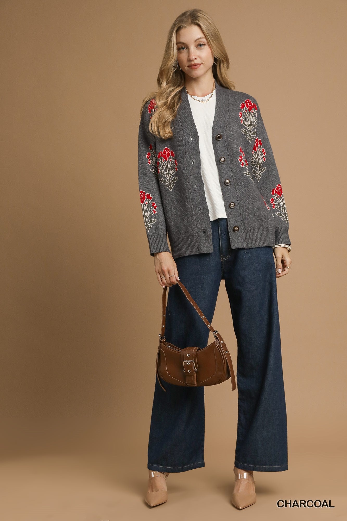 Sweater | Umgee Floral Charcoal Cardigan | M