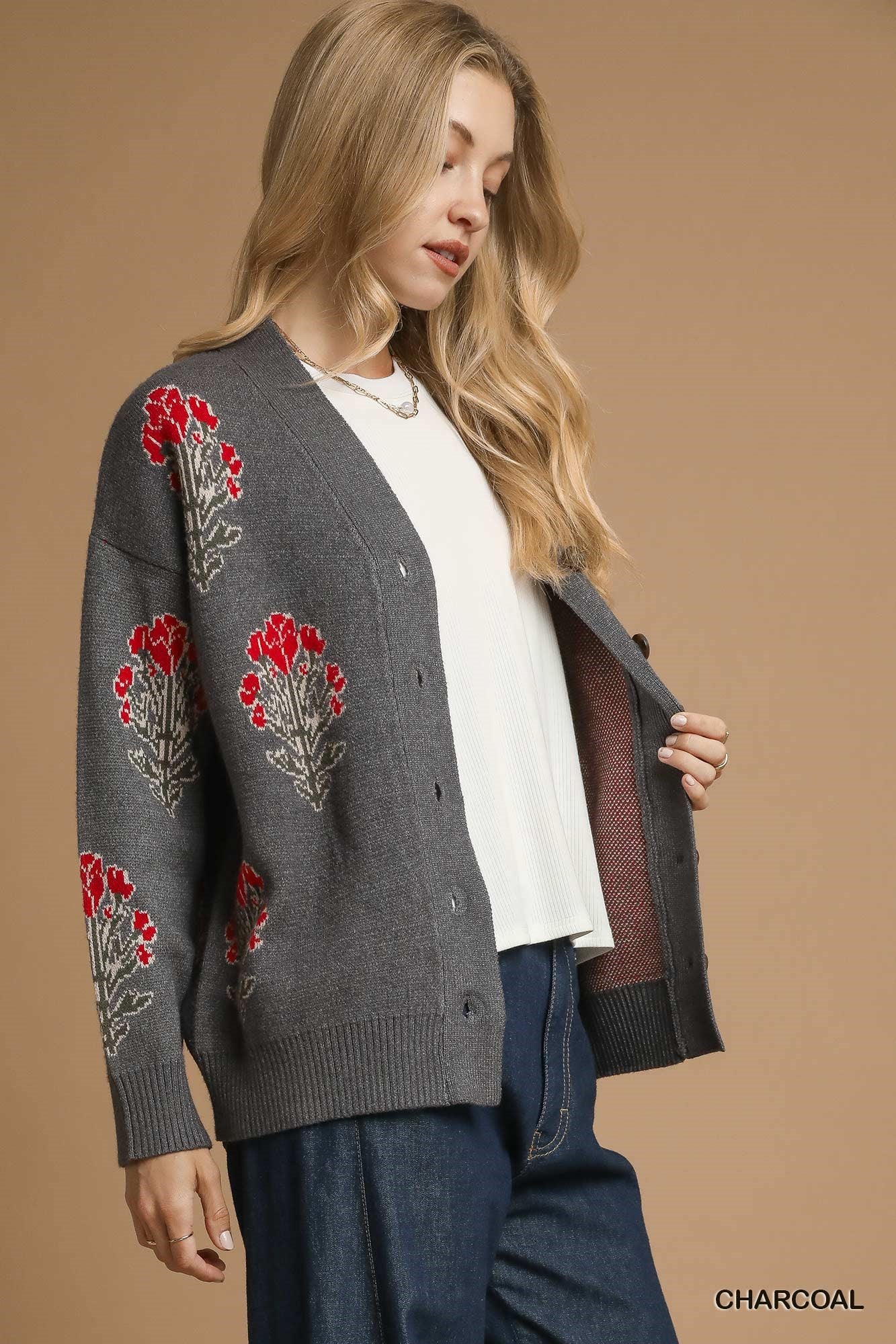 Sweater | Umgee Floral Charcoal Cardigan | M