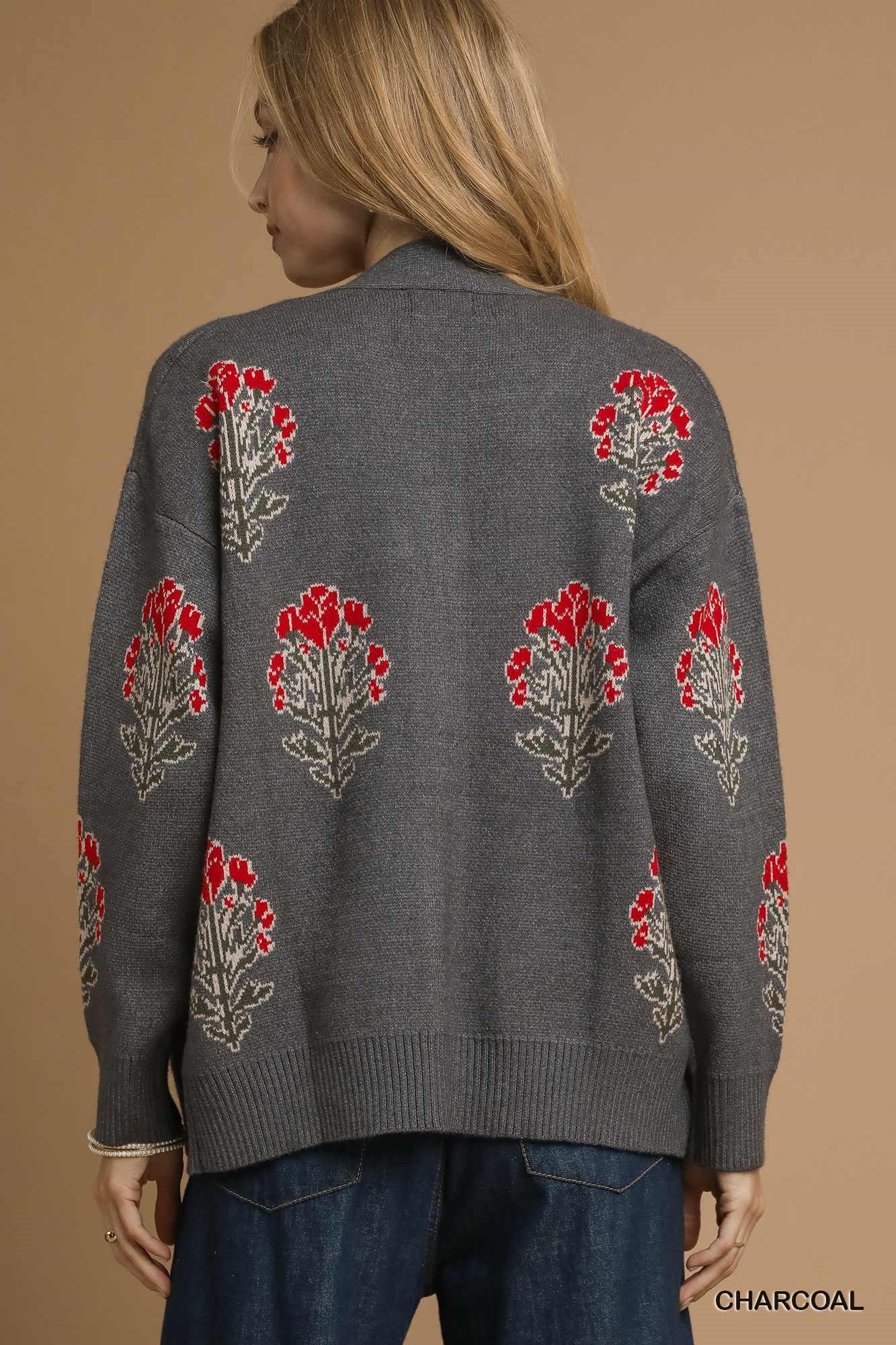Sweater | Umgee Floral Charcoal Cardigan | M