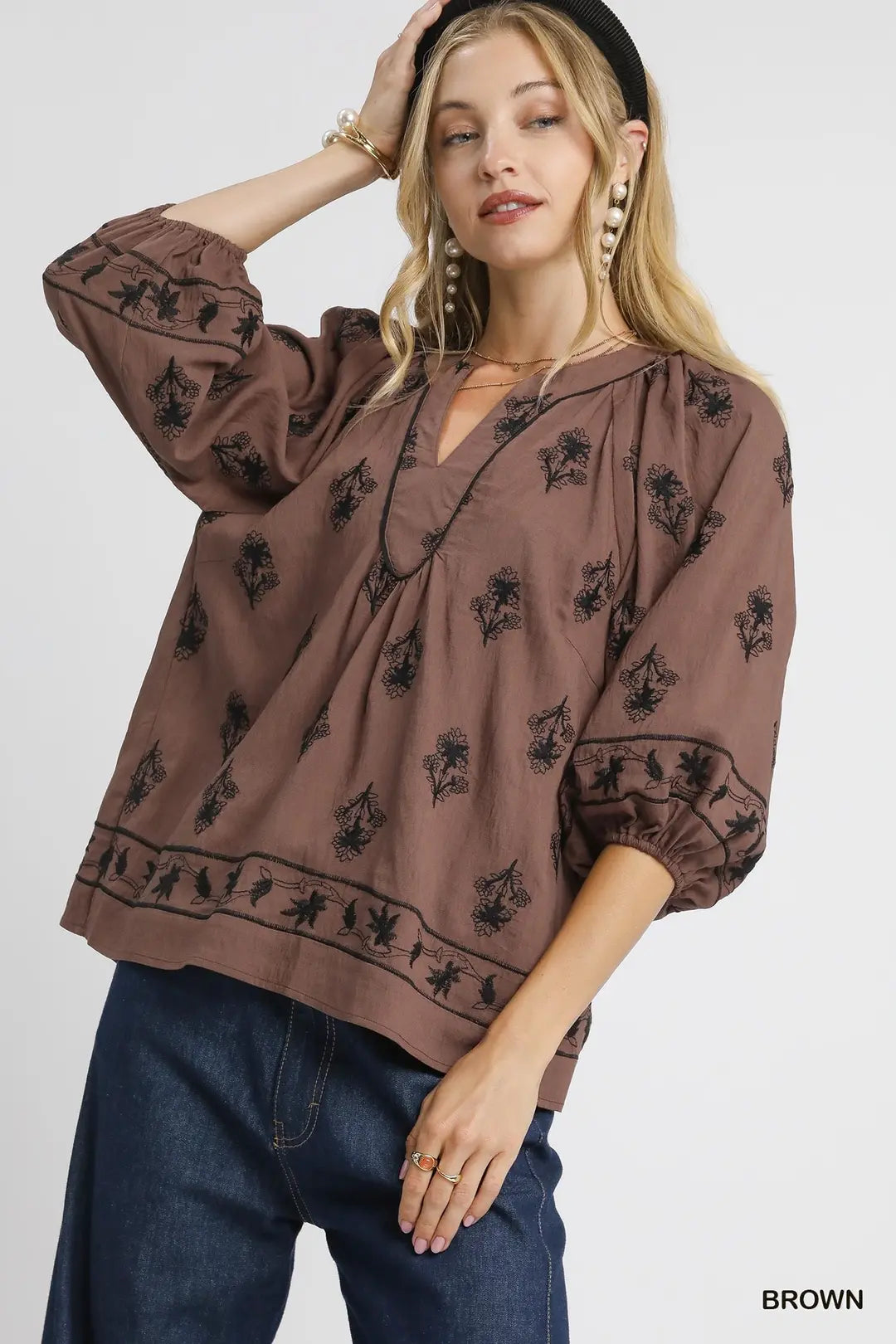 Blouse | Umgee Brown Embroidered | L