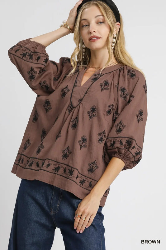 Blouse | Umgee Brown Embroidered | M