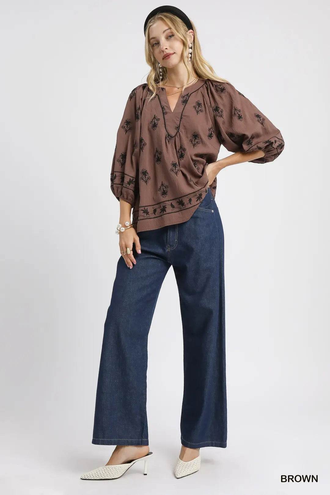 Blouse | Umgee Brown Embroidered | L