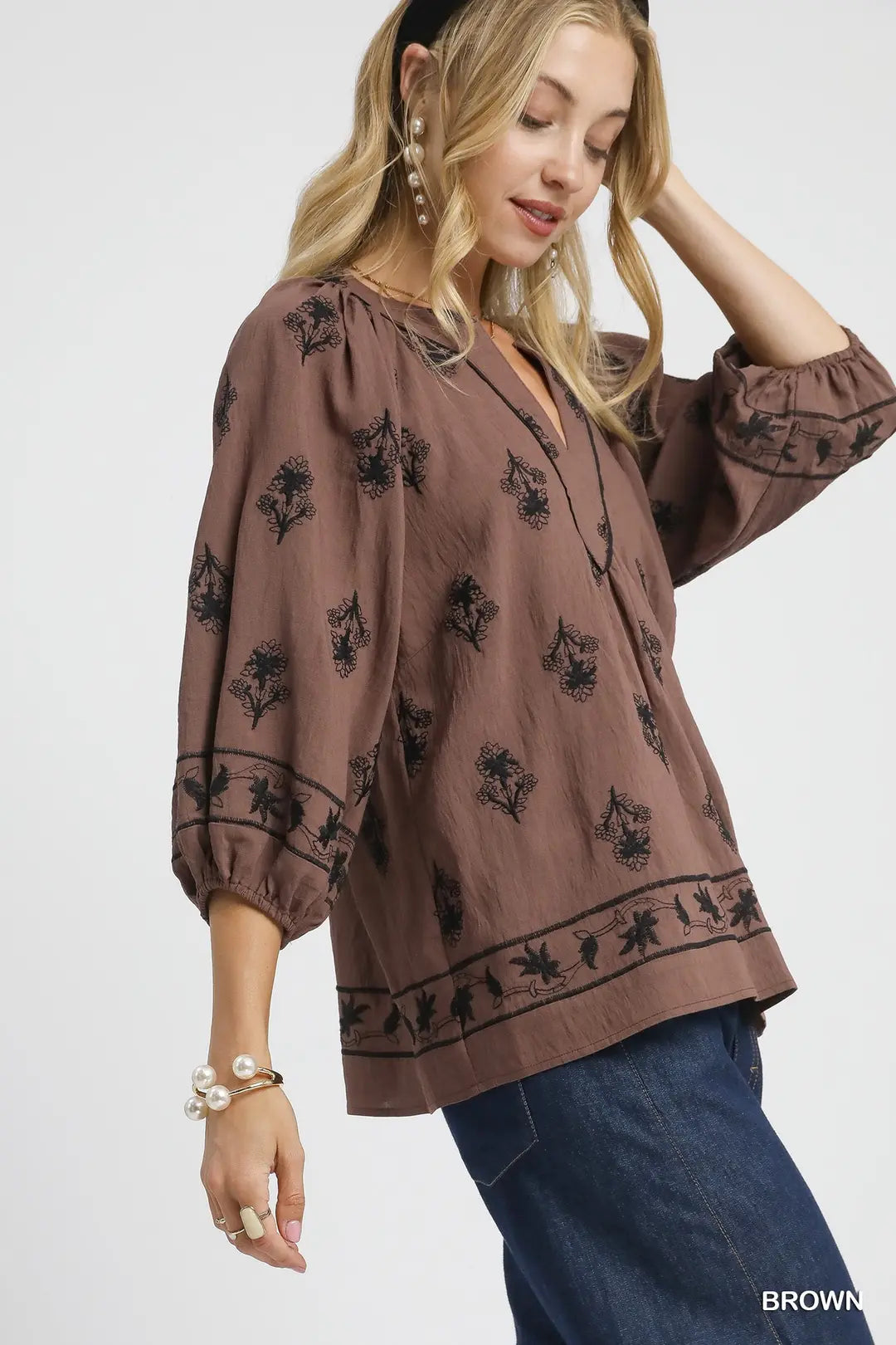 Blouse | Umgee Brown Embroidered | L