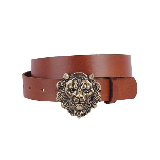 Lion Head Leather Belt: Tan / L