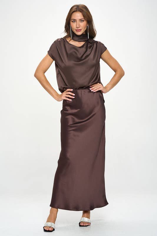 Skirt | Brown Satin Maxi | L