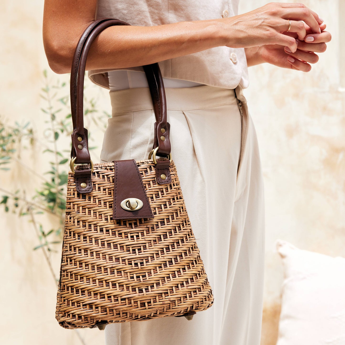 Rattan Handbag + Leather Strap