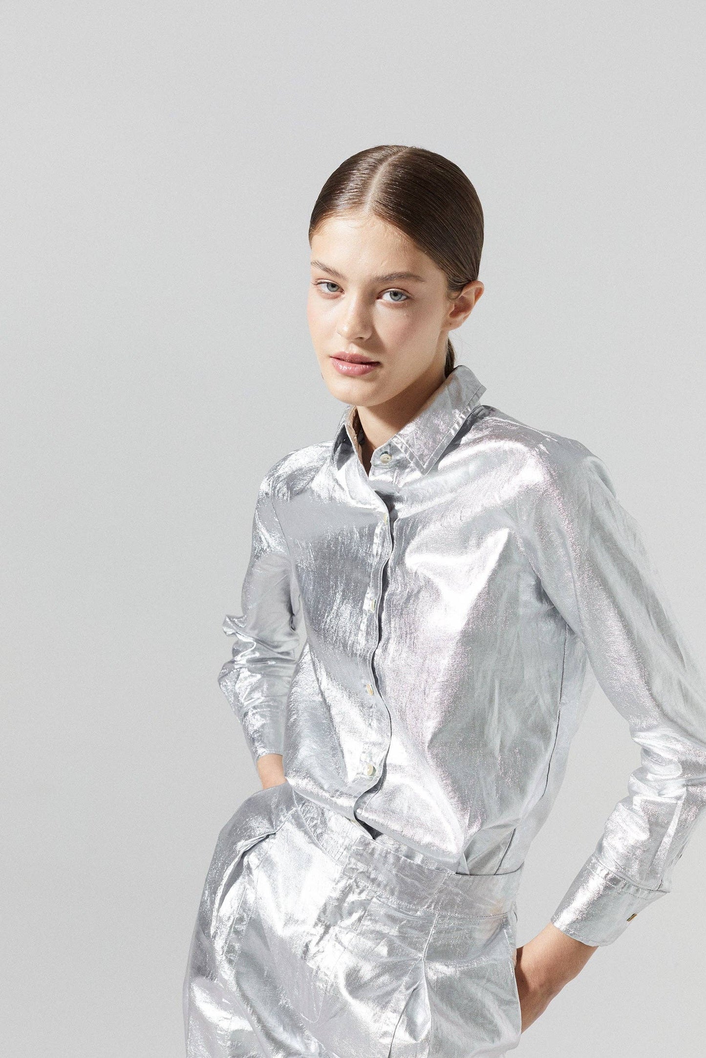 San Marino Metallic Linen Shirt | Silver | M